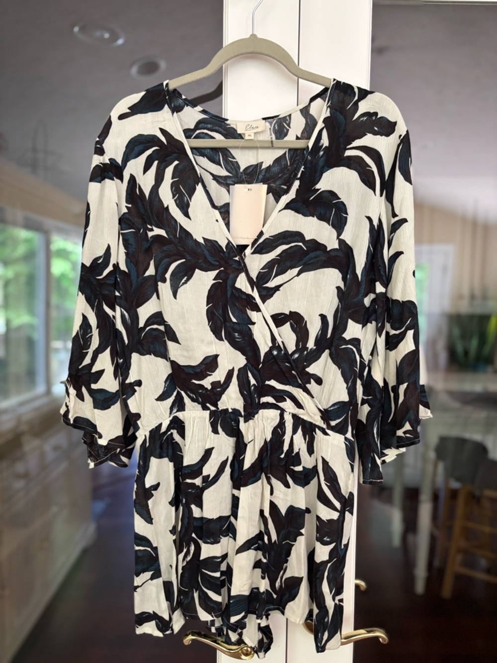 Elan Black, Blue & Ivory Leaf-Print Romper
